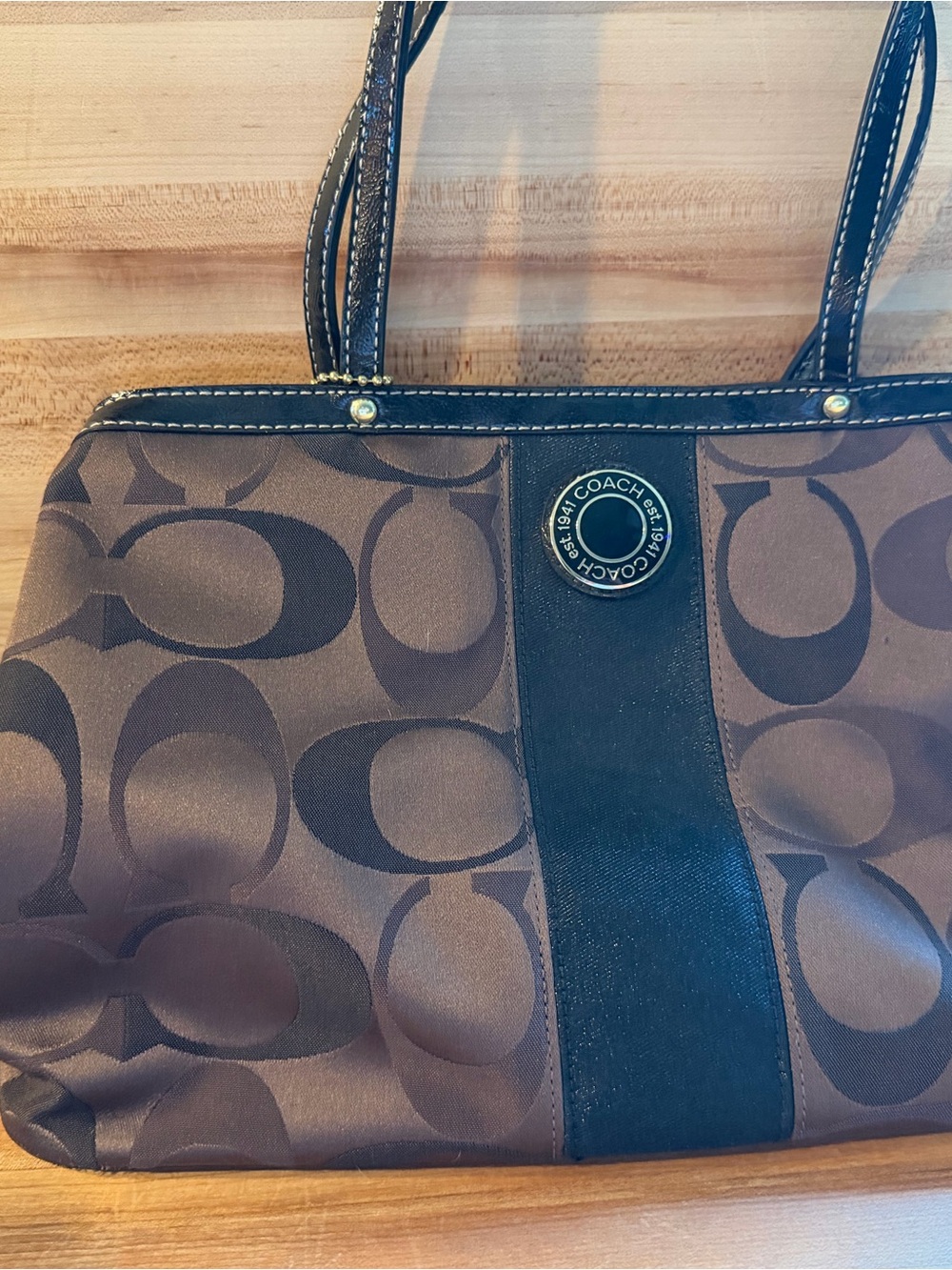 COACH Brown and Black Signature Shoulder Bag